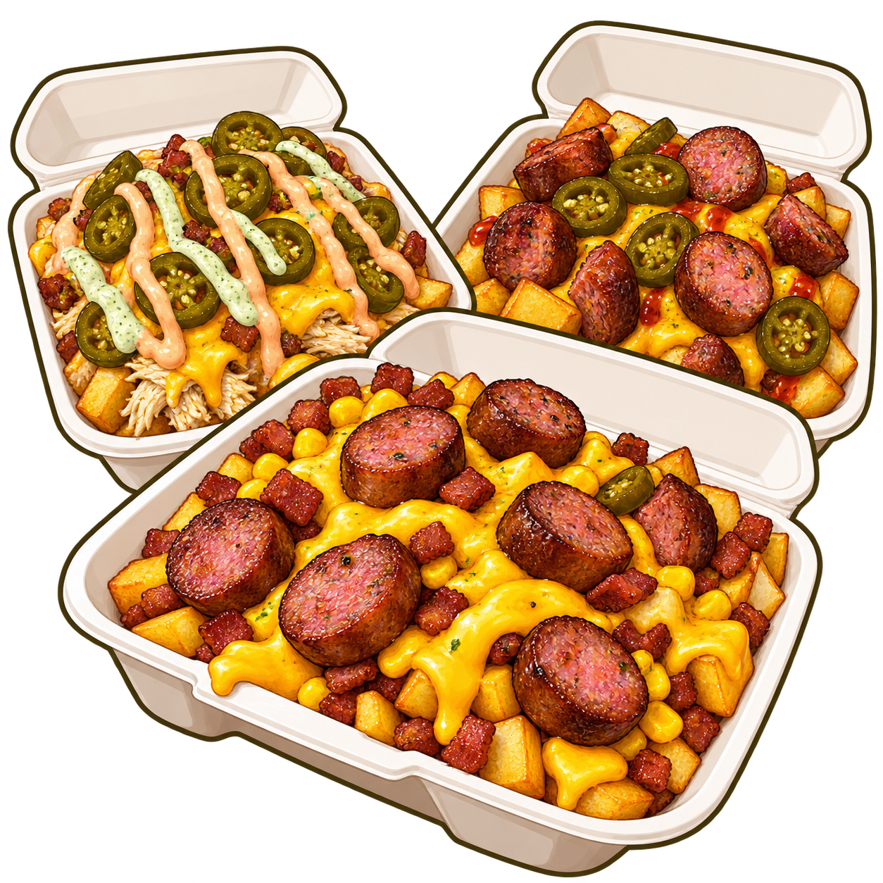 Illustration von drei Salchipapa-Portionen mit Kartoffeln, Wurst, Käse und Toppings